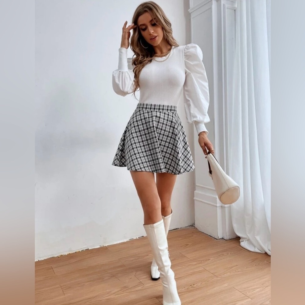 Black and White Plaid Print A-line Mini Skirt School Streetwear Casual Size L - Picture 4 of 4